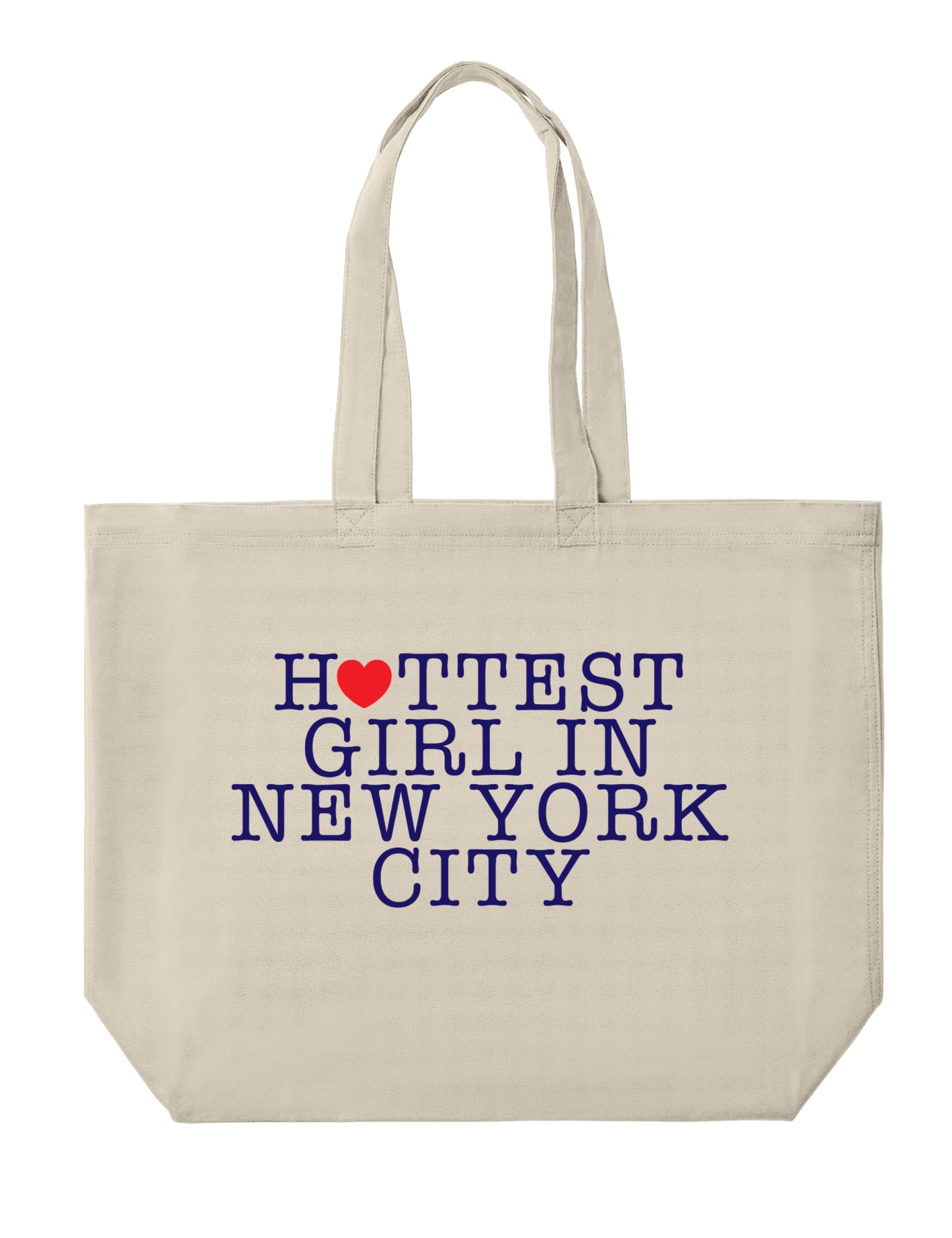 Beige tote bag with 'Hottest Girl in New York City' text and red heart on a white background