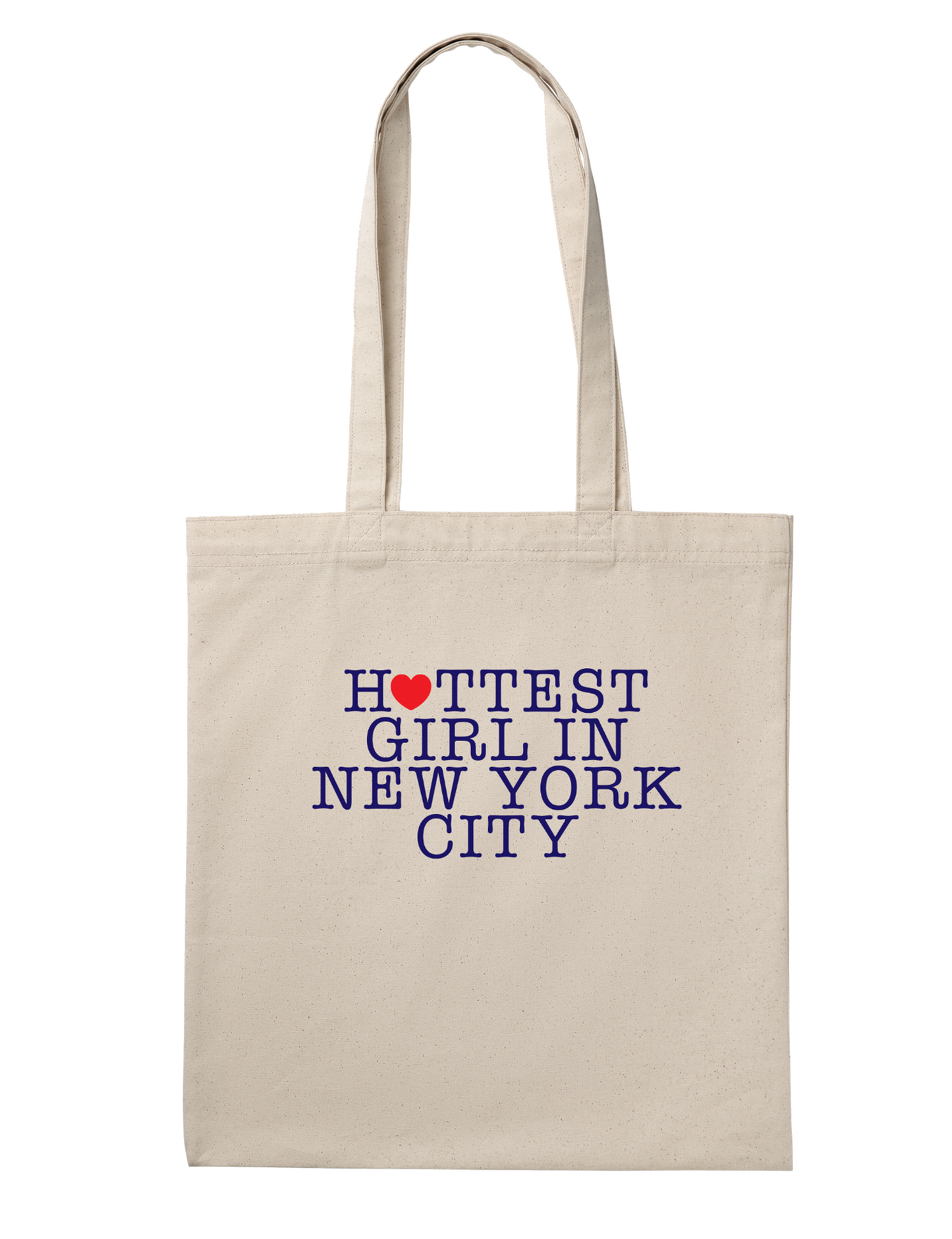 Beige tote bag with 'Hottest Girl in New York City' text on a white background