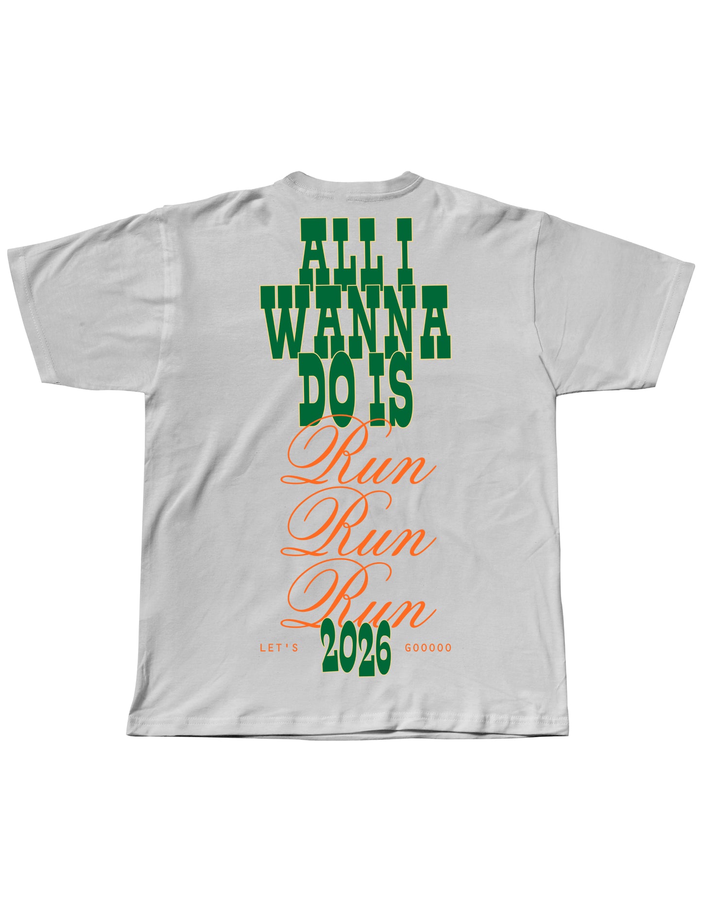 White t-shirt with green and orange text on a white background