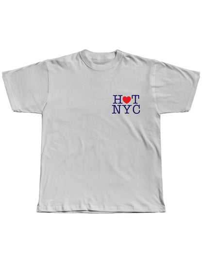 White t-shirt with 'HOT NYC' text and heart design on a white background