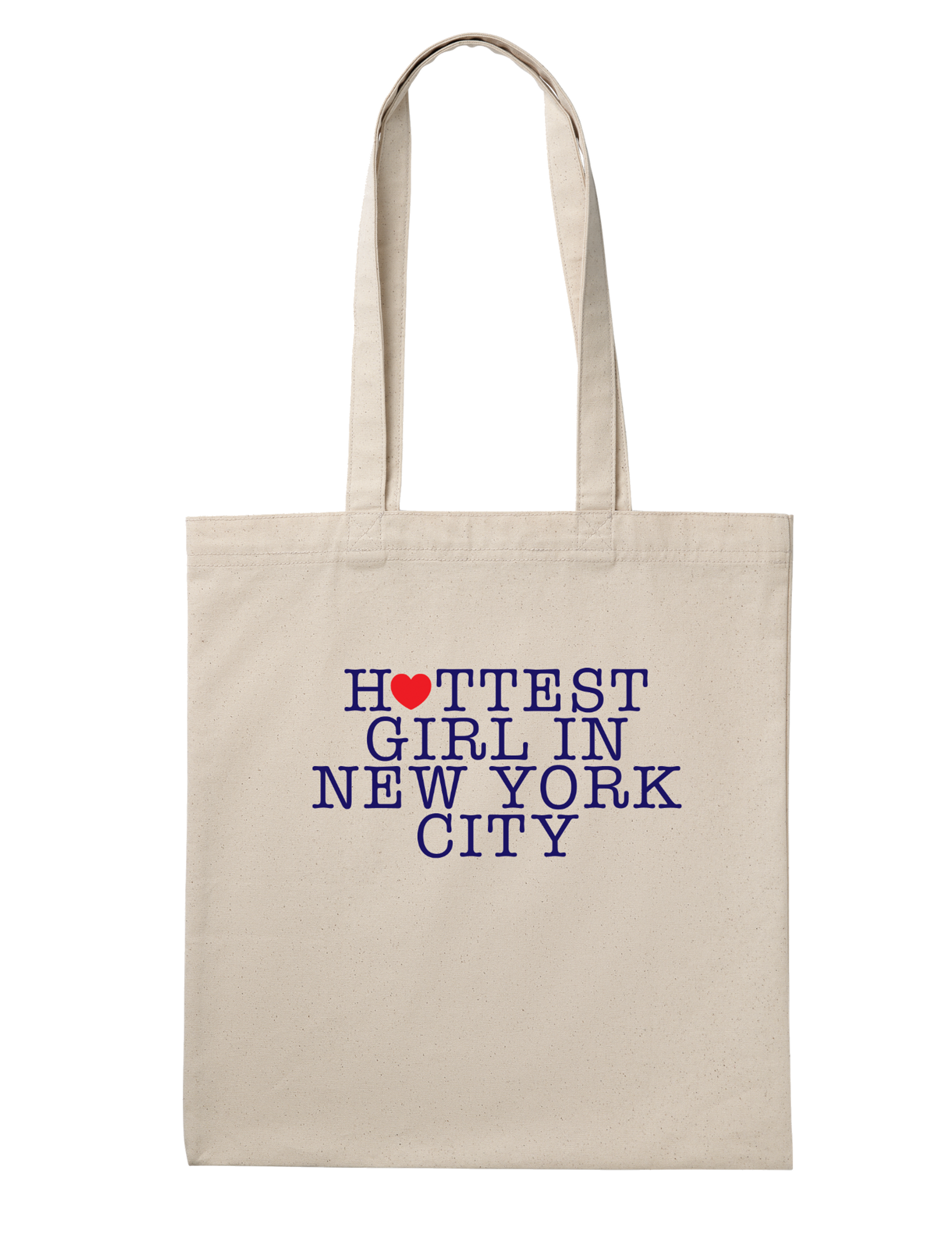 Beige tote bag with 'Hottest Girl in New York City' text on a white background