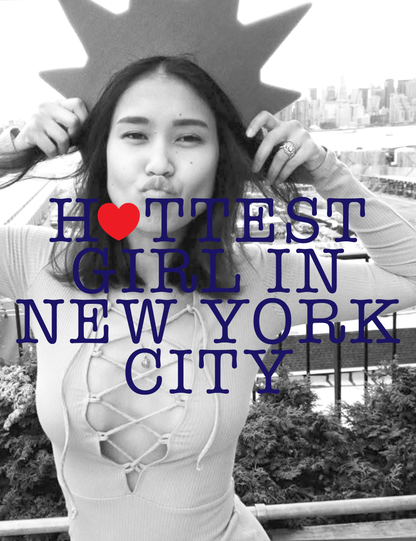 Black and white photo of a woman with text overlay 'Hottest Girl in New York City' with a red heart.