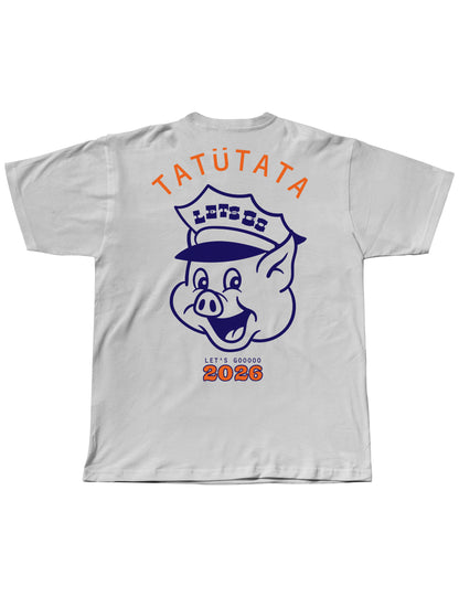 White t-shirt with a cartoon pig in a police uniform and text on a white background
