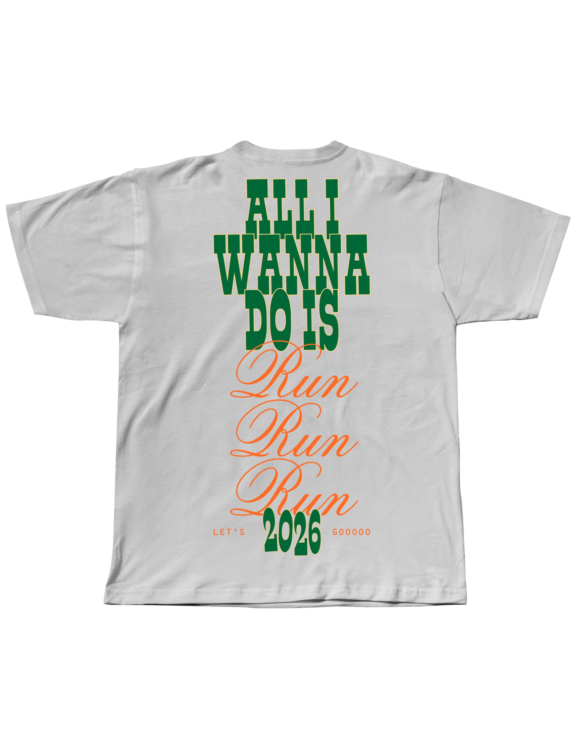 White t-shirt with green and orange text on a white background