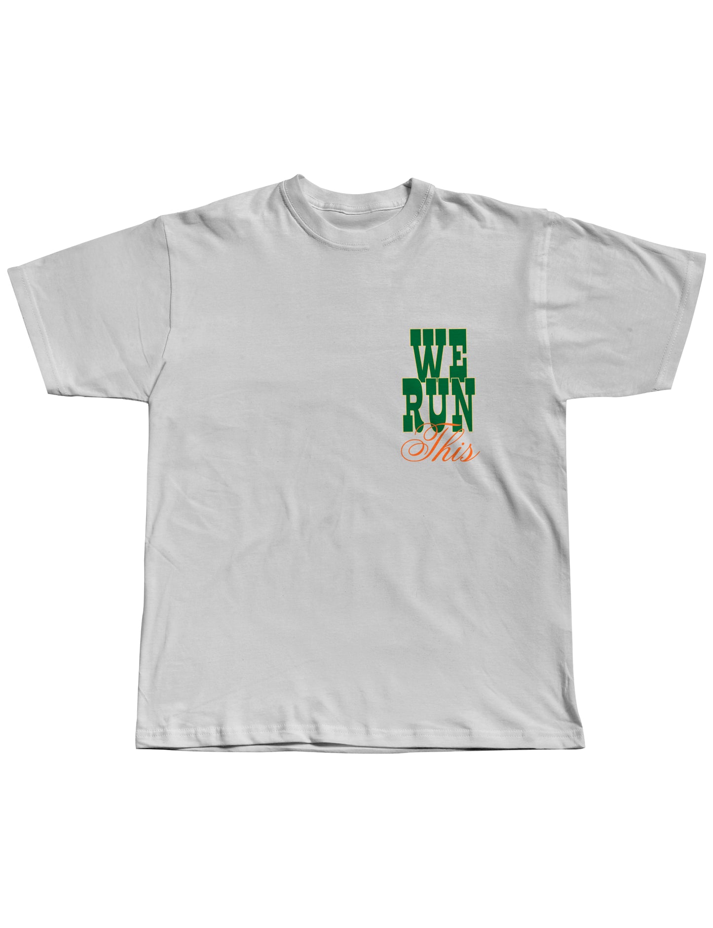 White t-shirt with green and red text on a white background